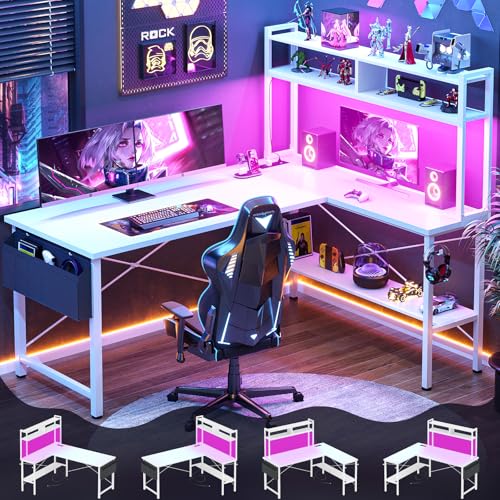 Image of Aheaplus L Shaped Desk Gaming Desk, 59 inch L Shaped Computer Desk with LED Light & Power Outlet, Reversible Home Office Desk Gamer Desks with Shelves & Storage Bag & Hooks, Corner PC Desk, White