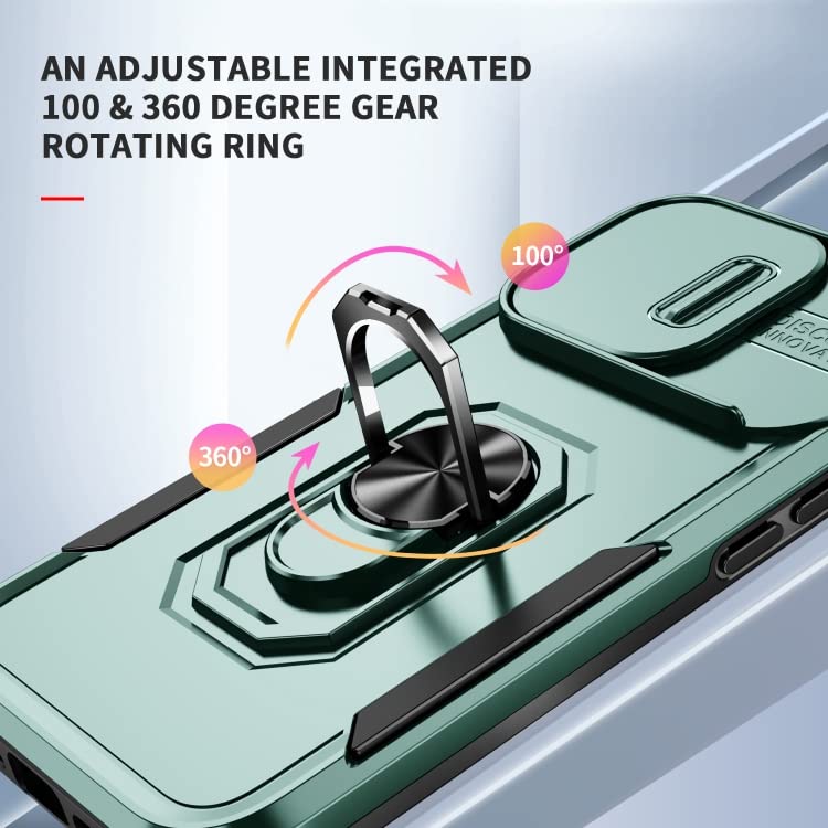 Image of Polycarbonate Back Cover Case Compatible for Apple iPhone 14 Pro with Slide Camera Cover & Rotated Ring Stand | Military Grade Mobile Phone Cover Case for Apple iPhone 14 Pro (Green)