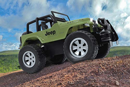 JAMARA 405054 - Jeep Wrangler Rubicon 1:14 2,4 GHz - 9KM/h, Licht vorne/hintengriffige profilierte Geländereifen, Frontrammer sorgt für einen bulligen Auftritt, Spur einstellbar Olivgrün
