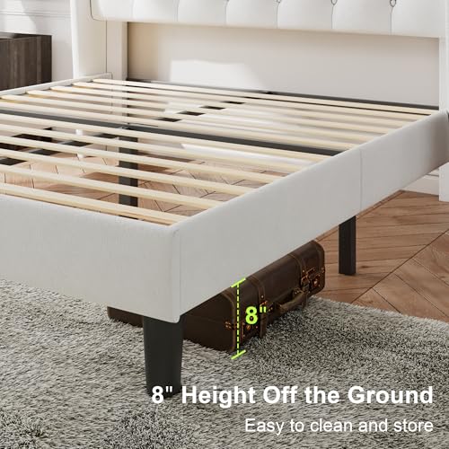 Image of Feonase Queen Size Bed Frame with Diamond Tufted Wingback Headboard, Upholstered Platform Bed, Sturdy Wooden Slats Support, Noise-Free, No Box Spring Needed, Easy Assembly, White