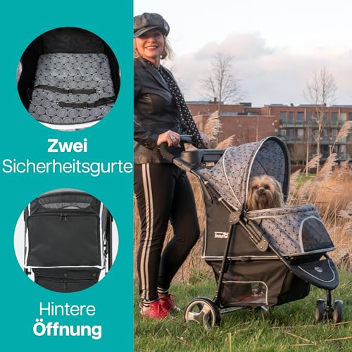 Hundebuggy Katzenbuggy für Reisen Innopet Allure Onyx -stilvoller Katzenbuggy 360° Schwenkrad vorne einhändig faltbar mit Aufbewahrungskorb 2 Sicherheitsleinen pannensichere Räder Haustierwagen