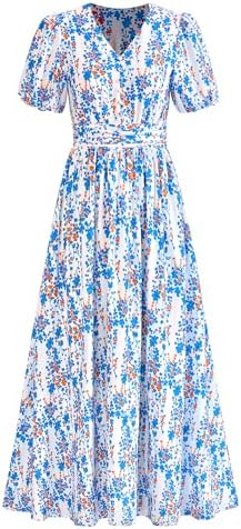 PRETTYGARDEN Womes Boho Maxi Dresses 2026 Summer Spring V Neck Puff Sleeve Empire Waist A Line Flowy Long Beach Floral Dress