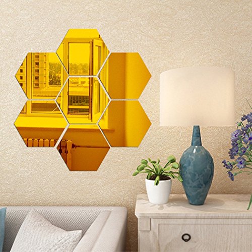 Mirror Wall Stickers Set, Hexagon Mirror Removable Art Diy Home Decorative Hexagonal Acrylic Sheet Plastic Tiles Home Living Room Bedroom Sofa Tv Background Wall Decal Decoration (12_Pcs, Gold) #TOP7