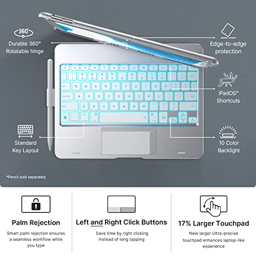 Image of typecase Touch Case with Keyboard for iPad 9th Generation (10.2 inch, 2021), Multi-Touch Trackpad, 10 Color Backlight, 360, Thin & Light - iPad 8th Gen (2020), 7th Gen (2019), Air 3, Pro 10.5 (Silver)