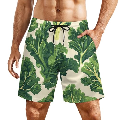 Fresh Kale Leaves Men's Swim Trunks with Compression Liner Beach Shorts with Pockets Quick Dry