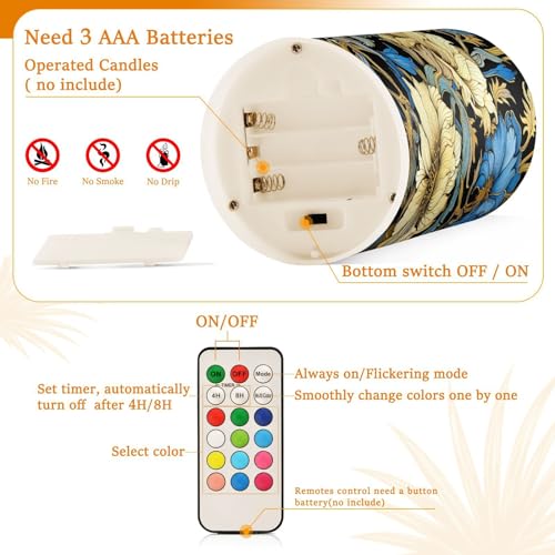 Image of ALAZA Blue Gold Luxury Flowers Flickering Flameless Candles Battery Operated with Remote Timer,Tea Light Candles LED Pillar Votive Candles Set of 2 for Outdoor Indoor Decorations