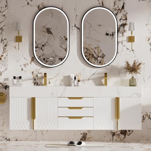 Homary Meuble Vasque Salle de Bain 150cm Suspendu, Meuble Salle de Bain avec Vasque Double en Céramique, Plateau Effet Marbre Blanc et 3 Tiroirs, Design...