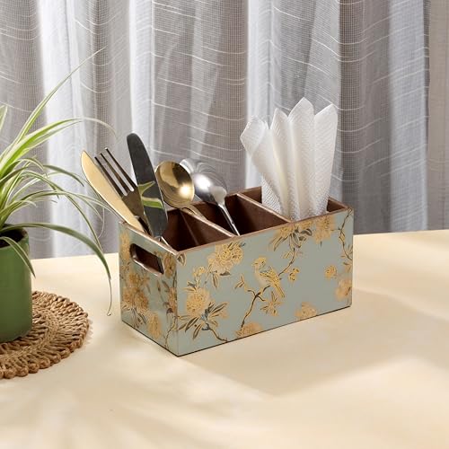 Image of DULI Multipurpose Stand, Cutlery Holder, Spoon Stand, Table Organizer with 2 Sections, Chammach Stand (10cm x 15cm) (3 Section: AquaGoldBirds)