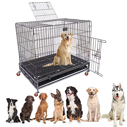 Image of Double Door Metal Wire Dog Cage with Wheels, Dog Crate, Kennel Crate Dog Cage for Dogs with Removable Tray - 36 Inch (36 Inch - Black)