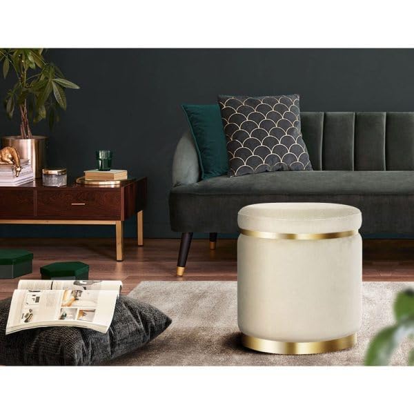 Image of ETIQUETTE ART Upholstered Velvet Round Dual Strip Ottoman Office Stool Foot Rest Stool Linen Fabric Padded Seat Pouf Ottoman with Round Shape for Living Room (Cream)
