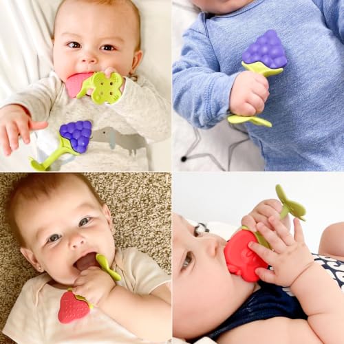 Image of Award Winning Original Teethin' Smart EZ Grip Fruit Teether by Innobaby - Sore Gum Relief for Front Teeth & Molars with BPA Free Teether Sensory Toy for Babies & Toddlers - Apple /Grape /Berry