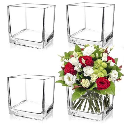 Set of 4 Square Glass Vases 5″ x5″ x 5″, Clear Cube Flower Vases for Wedding Centerpieces, Candle Holders for Home Decor Party Events Ceremony