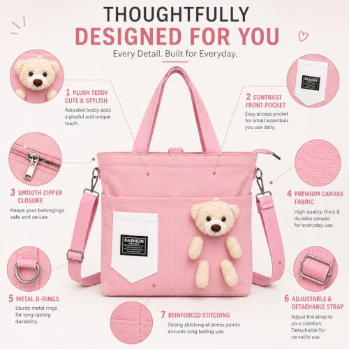 Image of BROGBUS Canvas Tote Bag for Women with Teddy Bear Charm Adjustable Sling Strap, Zipper Closure, College Travel Shopping Bag