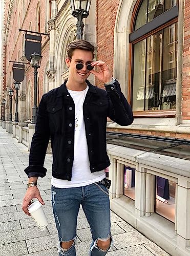 X Ray Men's Denim Jacket, Washed Ripped Distressed Flex Stretch Casual Trucker Biker Jean Jacket, Black - Ripped, Medium #TOP4