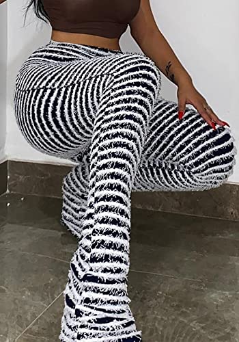 Dingang Women Fuzzy Flare Stacked Pants, Zebra Black And White Striped High Waist Sweatpants, Knitted Pajama Legging #TOP3