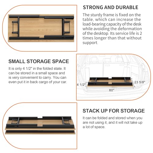 Image of Need Folding Computer Desk, Large 60 inches Folding Table for Home Office, No Install Needed Foldable Writing Table Desk, Teak and Black