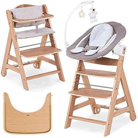 Hauck Beta Plus Newborn Set Deluxe - Baby Holz Hochstuhl ab Geburt mit Liegefunktion - inkl. Aufsatz für Neugeborene, Sitzpolster, Tisch - mitwachsend, verstellbar - Natur Cover