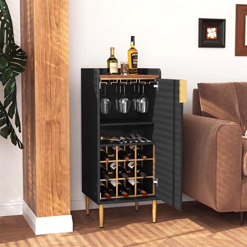 Image of ARTPOWER Mini Bar Cabinet for Apartment, Fluted Wine Bar Cart with Wine Racks & Wine Glass Holder, Modern Corner Liquor Cabinet for Living Room, Dining Room, Kitchen(Black)-2PCS