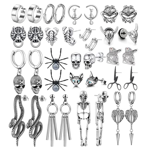 18 Pairs Stainless Steel Y2K Punk Hoop Dangle Earrings for Men, Frog Snake Spider Skull Heads etc Huggie Hoop Long Chain Piercing Hoop Earrings Set for Women and Men