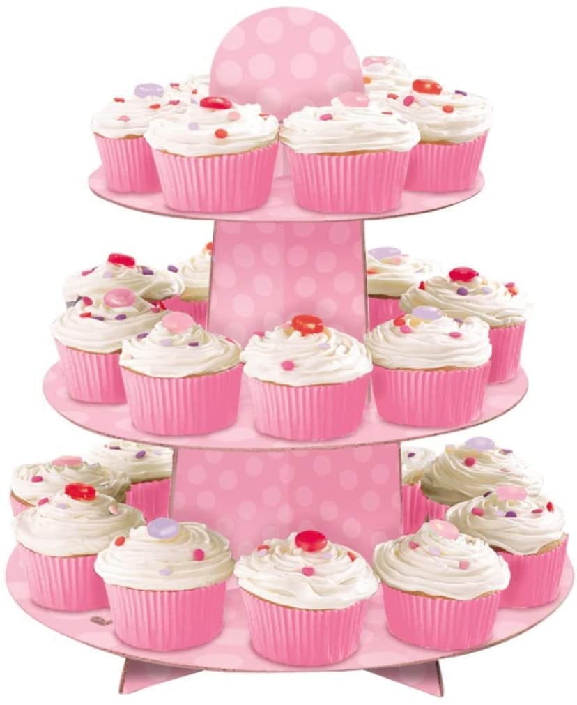 3 Tier Cake Stands for Afternoon Tea, Biodegradable Cupcake Stand Cardboard, Round Dessert Tower for Party,Birthday,Anniversary, Wedding,Baby Shower (3-Tier Pink Cupcake Stand) โ image 1