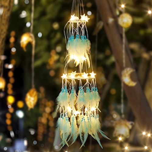 Image of Dremisland Double Circle White Feather Dream Catcher with Mobile LED Fairy Lights Wall Hanging Ornaments Ceiling Decor for Bedroom Decor Wedding Decorations Boho Chic Party Nursery Decor (Green)