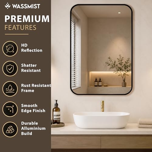 Image of WASSMIST Mirror for Bathroom Wall | Square Bathroom Mirror with Aluminium Frame | HD Reflection Wall Mirror for Living Room /Bedroom (24 X 32 inch)