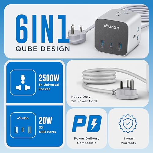 Image of URBN 6-in-1 Qube Core Power Strip | 3 Universal Sockets (2500W) + 3 USB Ports (20W PD) | Fast Charging | Heavy Duty 2m Power Cord | Surge Protection | 1 Year Warranty (White)