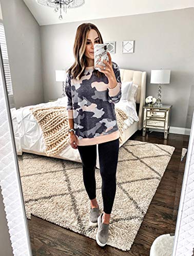 BTFBM Womens Sweatshirts Camo Leopard Print Crew Neck Long Sleeve Camouflage Casual Fit Sweatshirt Pullover Tops Shirts (Pink/Gery Camo, Small)