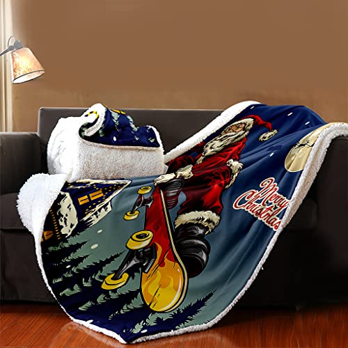 Krisin Christmas Kids Fleece Blanket Throw, Double-Sided Cashmere Blanket Plush Throw Blanket For Sofa Couch Single Bed, Machine Washable, Santa Claus Sledding Creative Print #TOP3