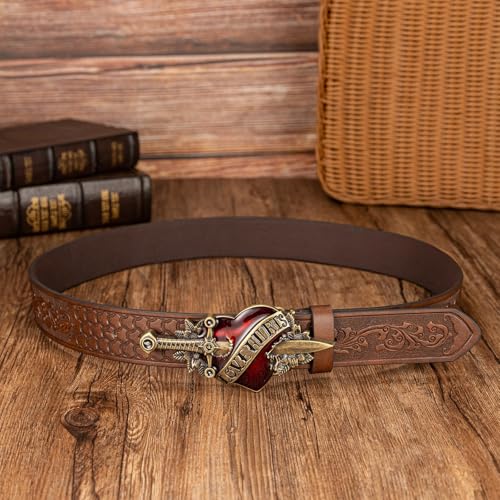 Antique Belt, Western Cowboy PU Leather Belts with Heart and Sword Carved Buckle Retro Embossed Belt for Jeans4