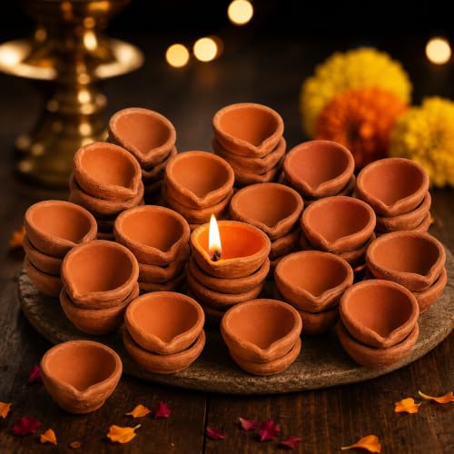 Image of Pure Source India Natural Clay Traditional Diwali Ke Diye | Earthen Clay Diya | Mitti Ka Diva | Diyas for Pooja (24pcs)