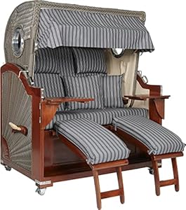 Webavita Strandkorb Romy Anthrazit | Edles Mahagoni | 2, 5-Sitzer Volllieger mit Bullauge | Premium Urlaubsfeeling für Zuhause | Garten Terrasse Balkon