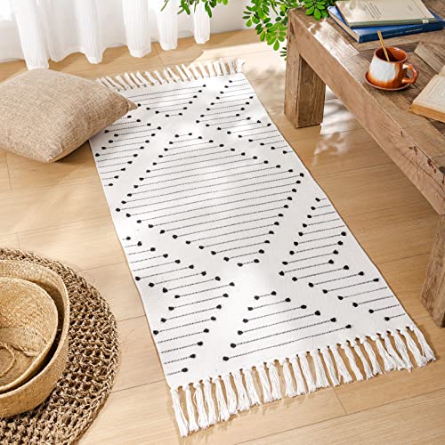 Mitovilla White Boho Bathroom Rug 2'X4.3', White Runner Rug For Bedroom, Farmhouse Geometric Bath Mat With Tassel, Moroccan Tribal Kitchen Rugs, Washable Cotton Woven Living Room Throw Rugs #TOP2