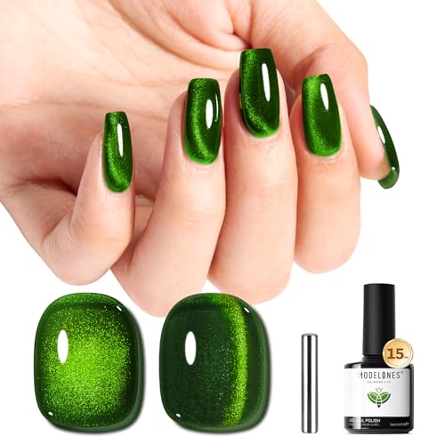 Image of modelones Cat Eye Gel Nail Polish Green Gel Polish Jelly Glass with Magnet Holographic Glitter Shimmer Translucent Sheer Color Magnetic Nail Polish Top Coat Salon DIY at Home 15 ML