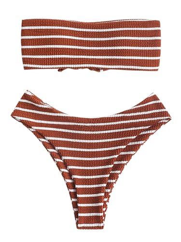 ZAFUL Women Strapless Ribbed High Cut Bandeau Bikini Lace Up 2 Pieces Swimwear