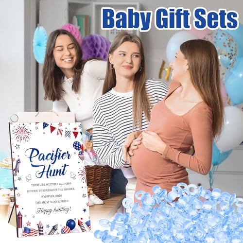 Image of Thyle 51 Pcs 4th of July Pacifier Hunt a Little Firecracker is on The Way Patriotic Baby Shower Games 250th Red White and Blue Hunt Sign and 50 Acrylic Pacifiers for Independence Day Party Decoration