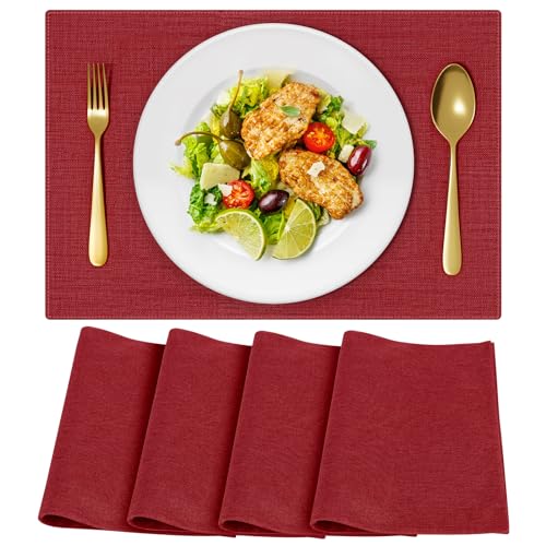OSUASN Cloth Placemats, Set of 4 Heat-Resistant Cotton Linen Blend Double Layered Machine Washable Place Mats, Wrinkle Free Thick Fabric Dining Table Mats for Indoors & Outdoors (Burgundy, 4) by OSUASN - Used condition - US$14.61