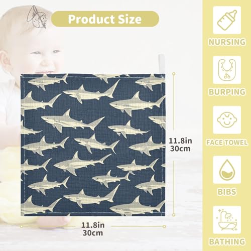 Image of vvfelixl Sharks in Ocean Baby Burp Cloths Baby Muslin Washcloths for Boys Girls Cotton Babys Face Towel for Newborn Infants Soft and Absorbent 11.8 X 11.8 in, 5 Pack