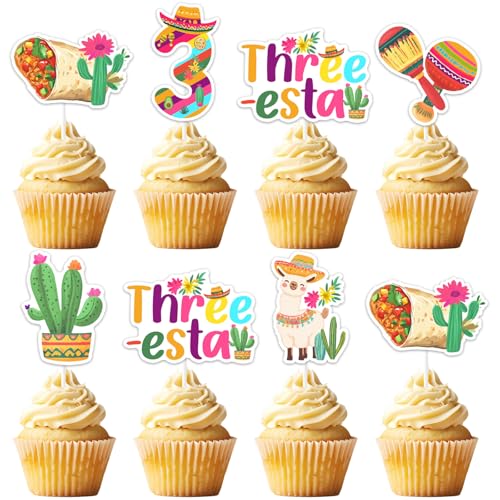 Balterever Mexican 3rd Birthday Decorations 24PCS Cupcake Toppers