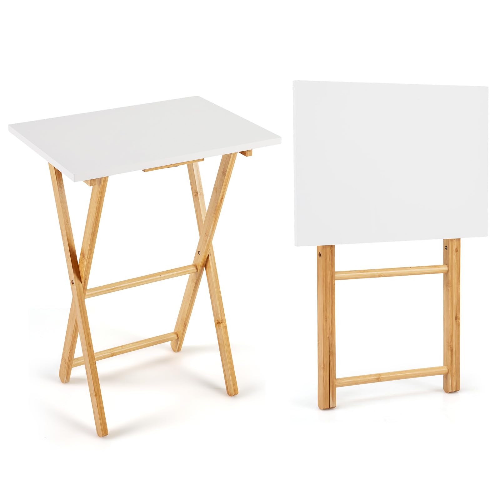 COSTWAY Set di 2 Tavolini Pieghevoli Laterale, Tavolino Portatile da Salotto Salvaspazio, Tavolo Laterale in Bambù, per Soggiorno Patio Terazza, Portata 20 kg, Senza Montare
