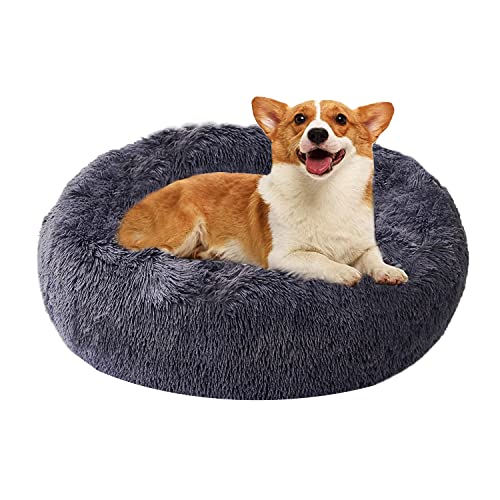 Queta Cama para mascotas de lujo para gatos y perros pequeños a medianos, fácil de limpiar, cama para mascotas en forma de Doughnut 60 cm, gris