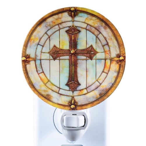 VOUWOWOX Stained Glass Styled Cross Night Light Plug in – Made with Real Glass, Bulb Included, On/Off Switch – Vintage Cathedral Cross – Christian Gift for Baptism or Memorial