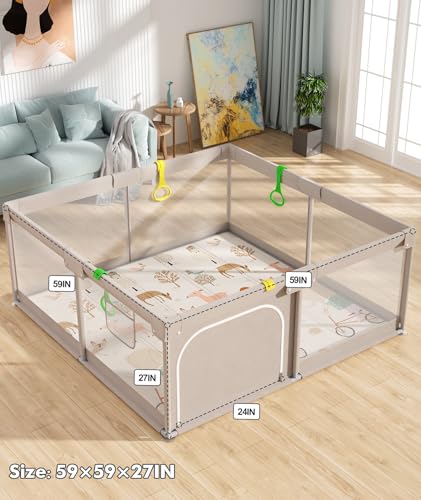 Image of Mloong Baby Playpen with Mat, 59x59 Inches Extra Large Playpen for Babies and Toddlers, Indoor & Outdoor Activity Center, Safety Baby Fence