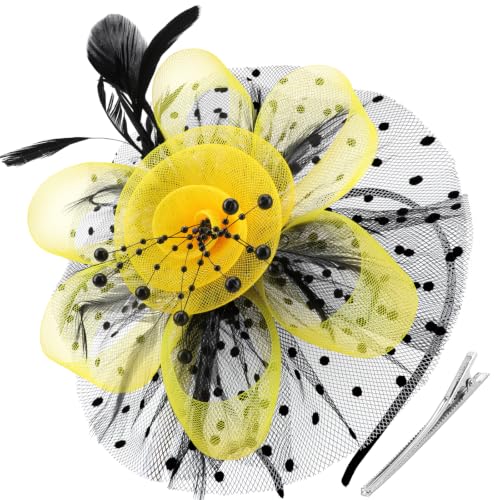 Image of DRESHOW Fascinators Hat Flower Mesh Ribbons Feathers on a Headband and a Clip Tea Party Headwear for Girls and Women