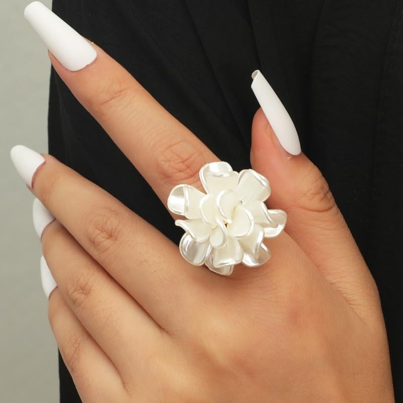 DATOA Adjustable White Pearl Flower Statement Ring Camellia Rose Flowers Adjustable Open Bands Wedding Promise Finger Rings Fashion Exaggerated Comfort Fit Jewelry Gifts for Women2