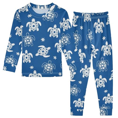 Pajama Sets Long Sleeve Turtle Pattern on Blue Soft Comfy Sleepwear 2 Piece PJS 3-8T