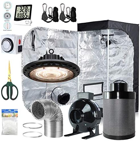BloomGrow 300W Full Spectrum UFO LED Light + 24''x24''x48'' Grow Tent + 4'' Inline Fan Filter Duct Combo + Hangers + Hygrometer + Shears + 24-hour Timer + Trellis Netting Indoor Grow Tent Complete Kit