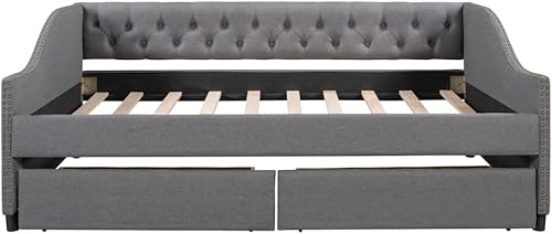 Miniatura 6 de Sofá cama de tamaño individual con 2 cajones de almacenamiento, tapizado capitoné y brazos en forma de clavo, sofá cama, gris