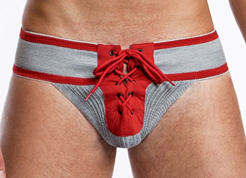 Jack Adams Footballer Lace-Up Jockstrap (Large, Grey with Red Trim)