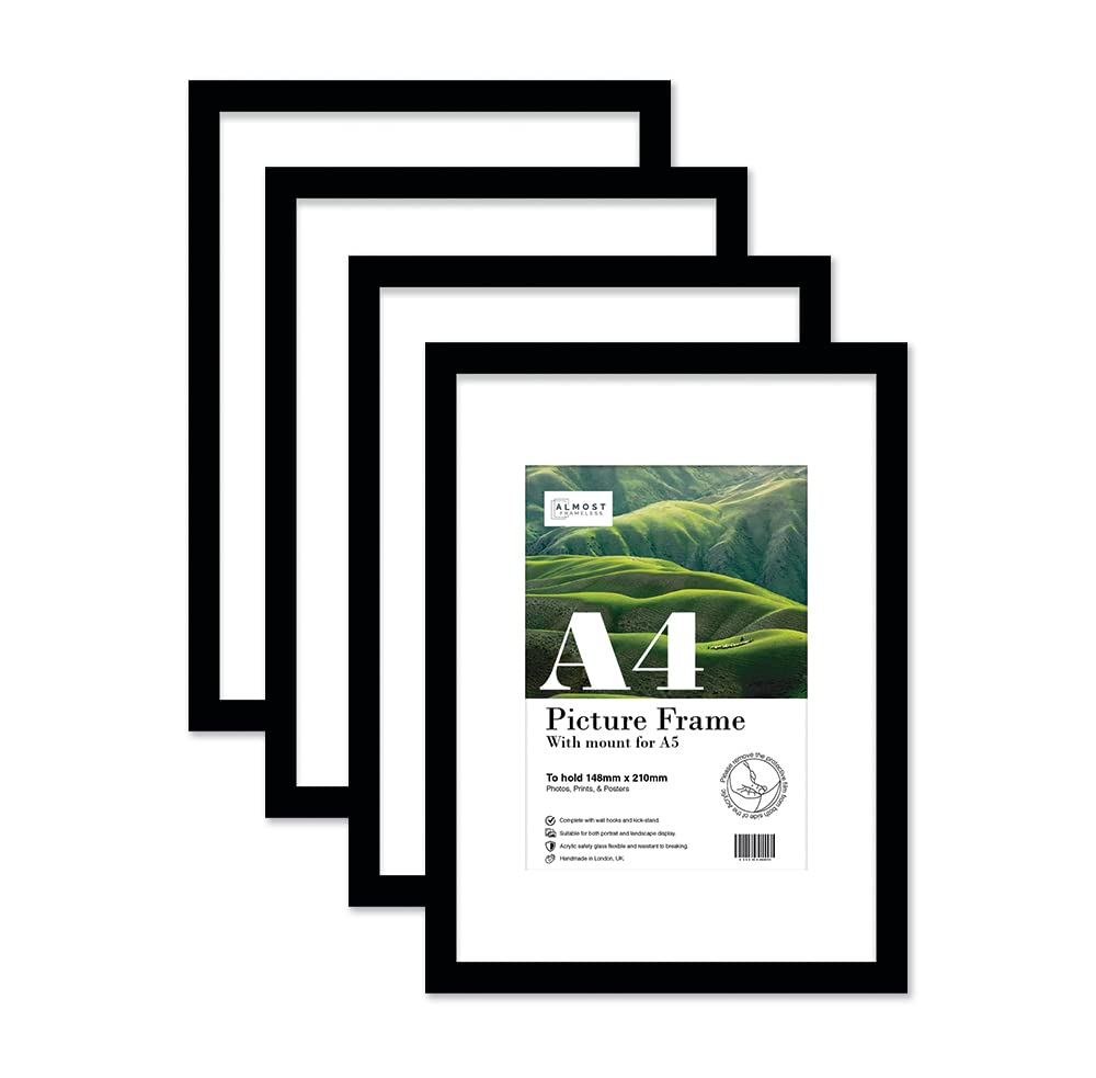 Almost Frameless A4 Black Picture Frame Set of 4, Display A5 Pictures with Mount or A5 Without Mount Gallery Wall, Poster, Photo, Artwork, or Print, Black